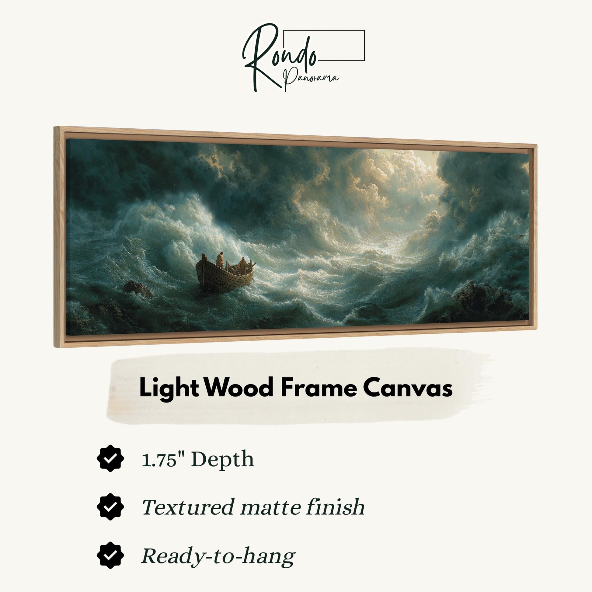 The image is a painting of a boat in rough seas, with a light wood frame.