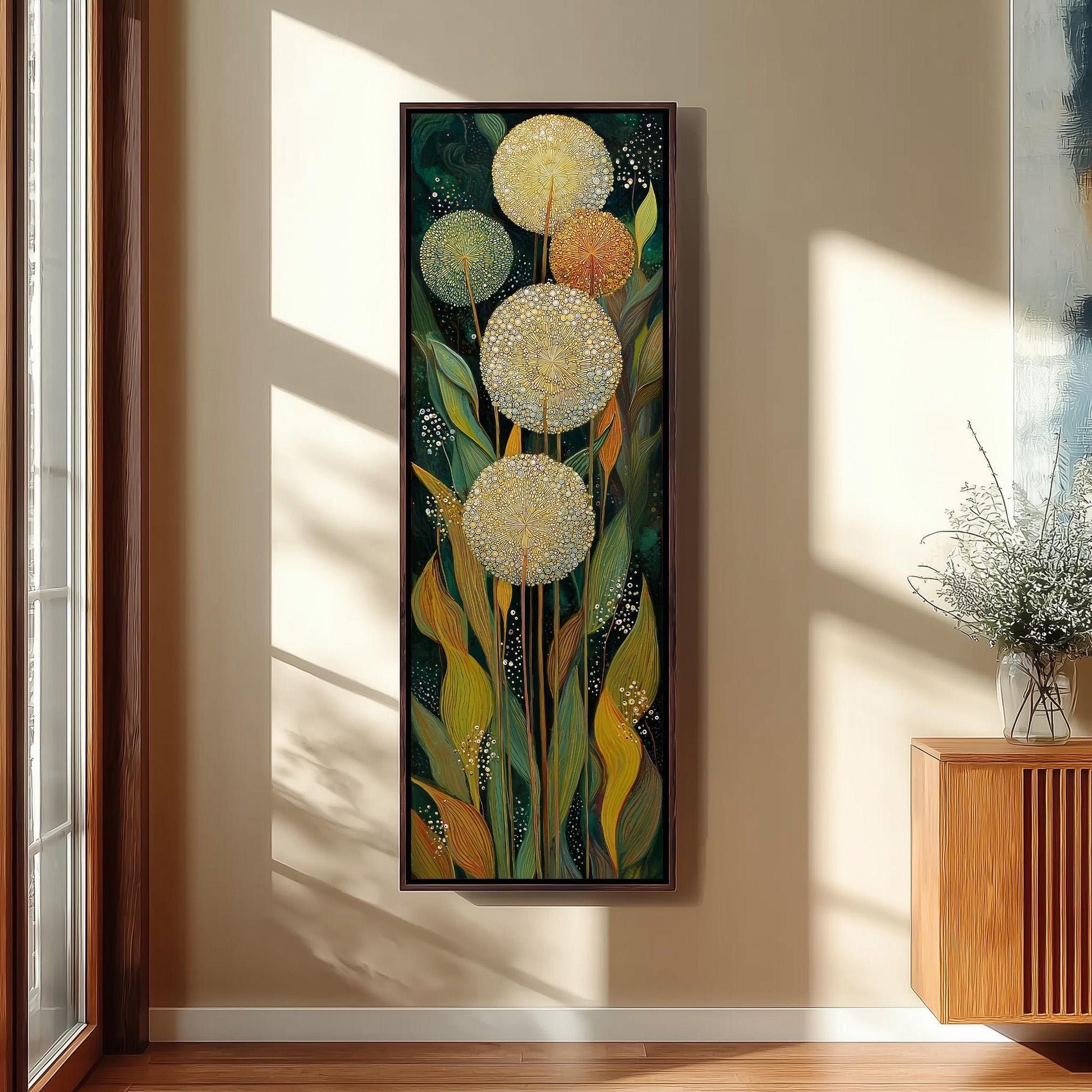 a large, colorful painting of flowers hanging on a wall in a room.