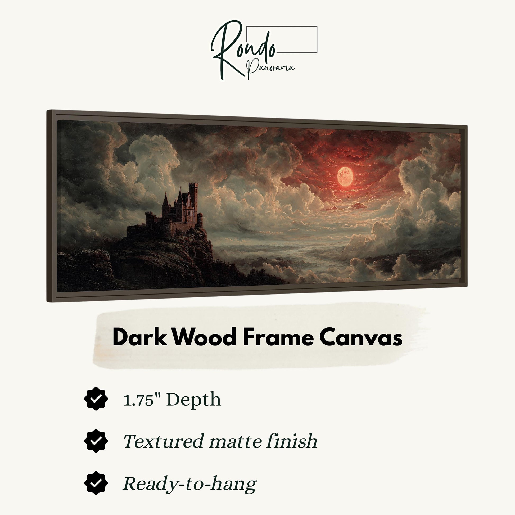 The image is a dark wood frame canvas depicting a castle on a cliff with a red sky and clouds in the background.