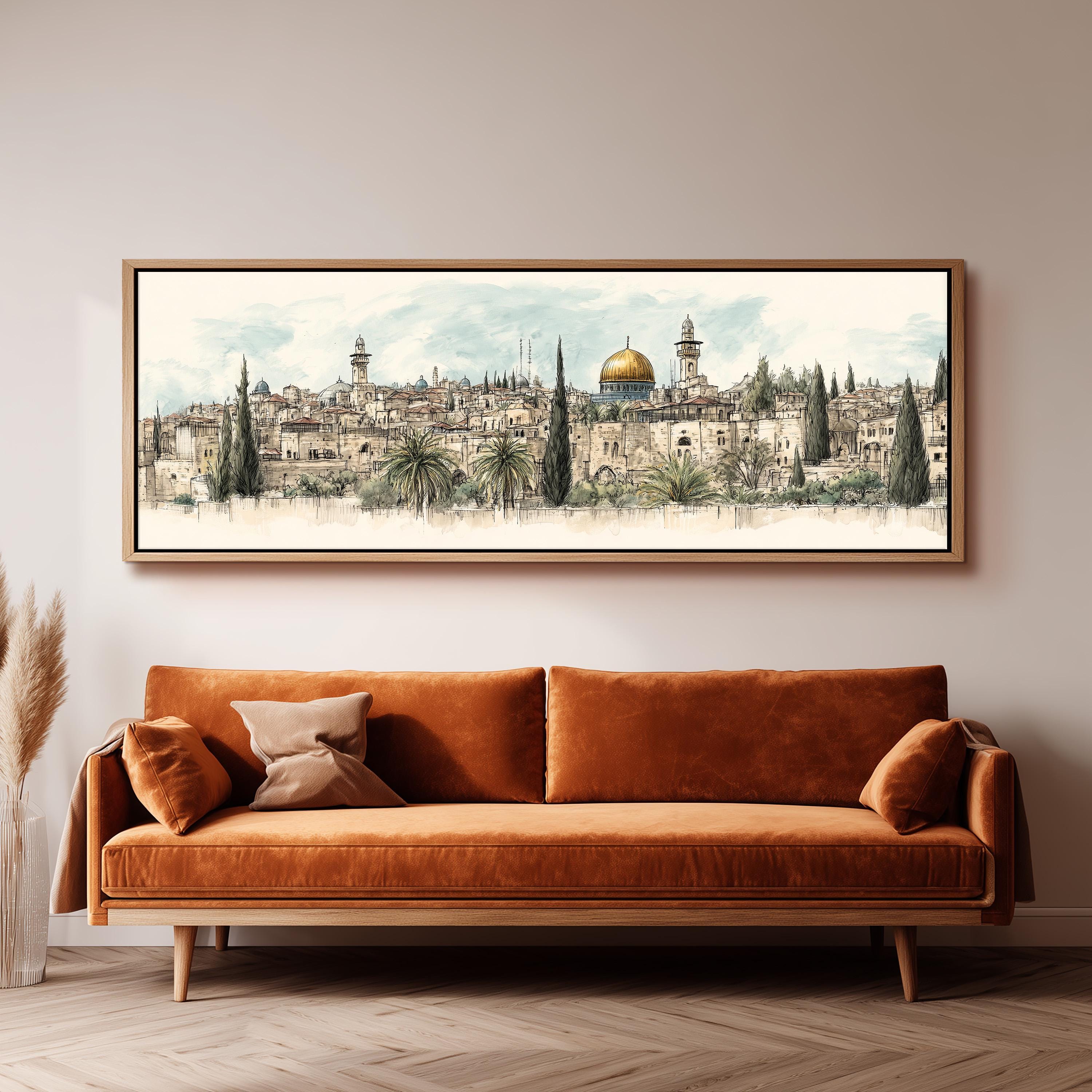 a large, framed painting of a cityscape with a prominent dome in the center, hanging on a wall above a brown sofa.