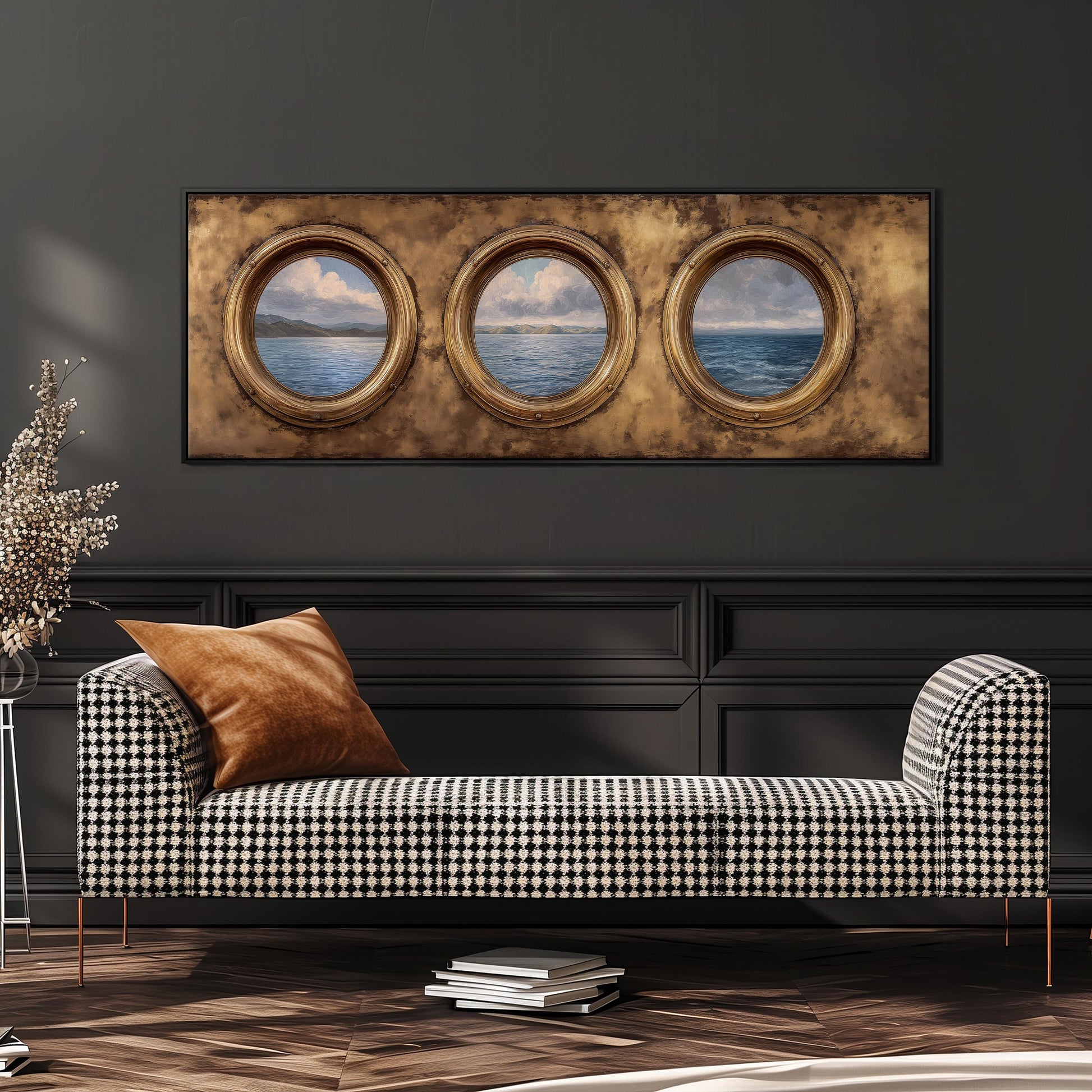 a black and white checkered sofa with a brown throw pillow, positioned in front of a large wall-mounted painting depicting three circular windows with ocean views.
