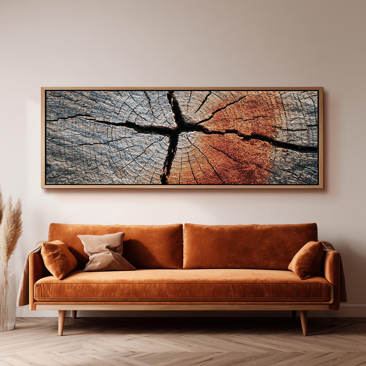Copper cracked wood grain panoramic canvas print above a sofa in a living room