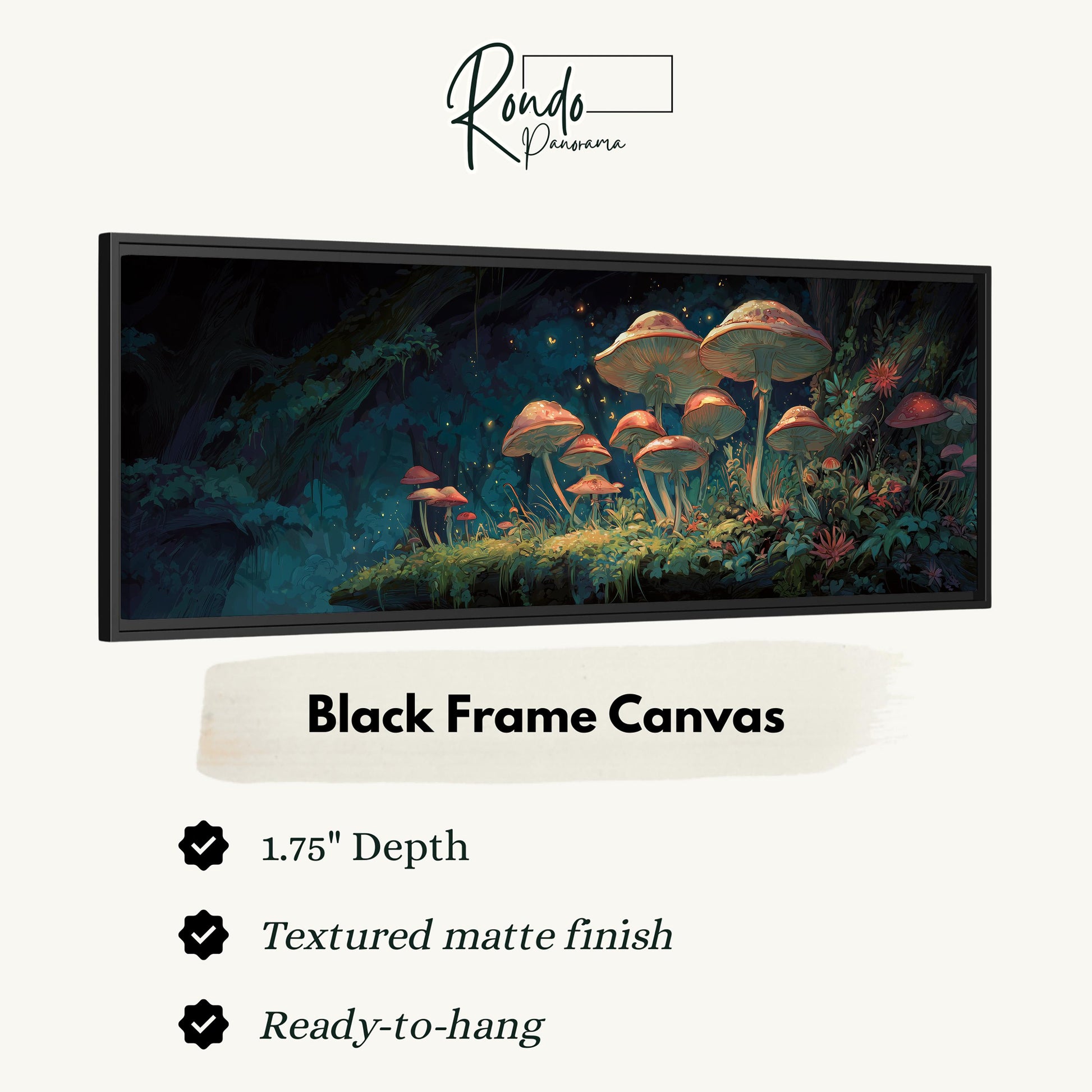 The image is a black frame canvas depicting a fantastical scene of mushrooms and plants in a dark, mysterious forest.