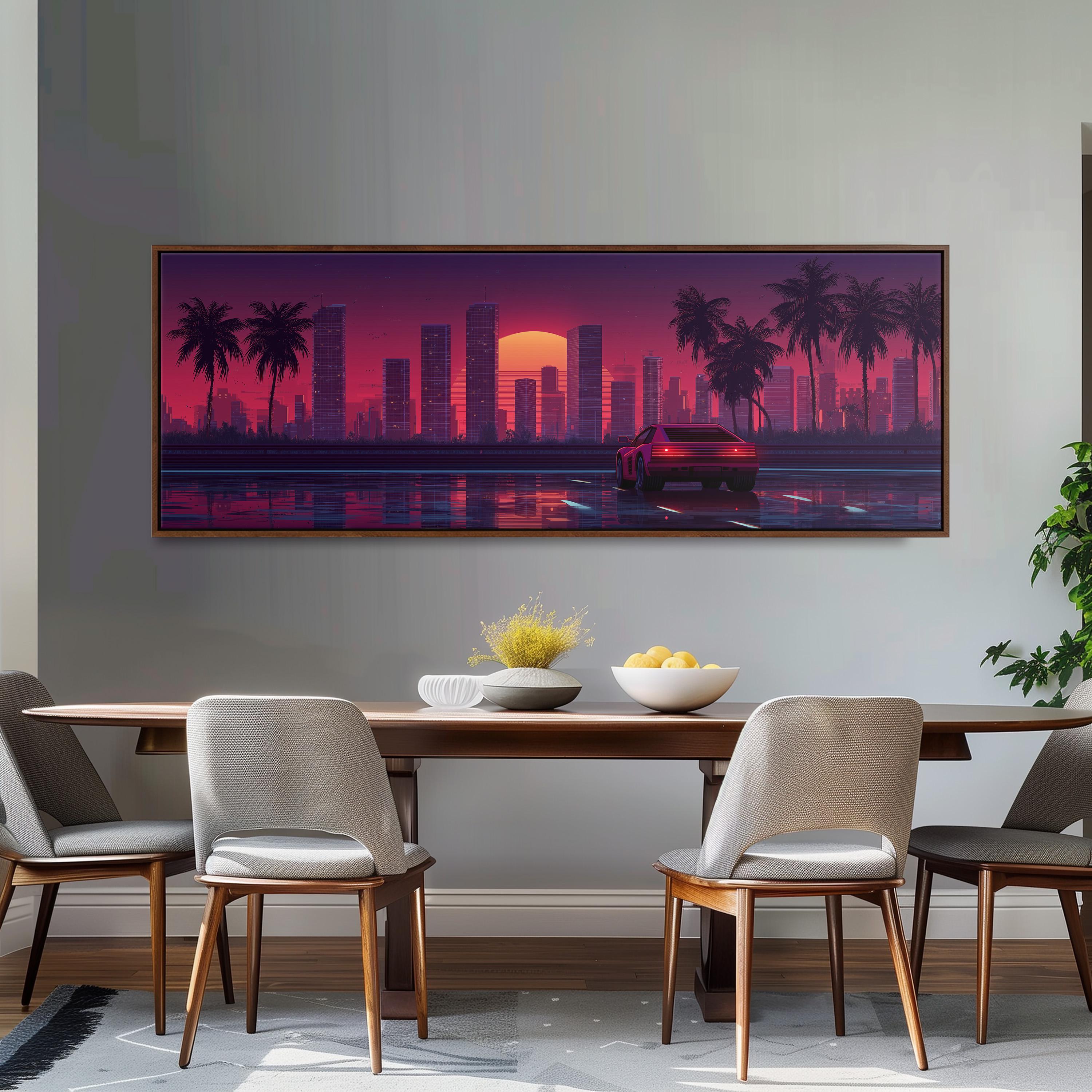 a large, colorful painting of a cityscape with palm trees and a sunset in the background, hanging on a wall above a wooden dining table with four chairs.