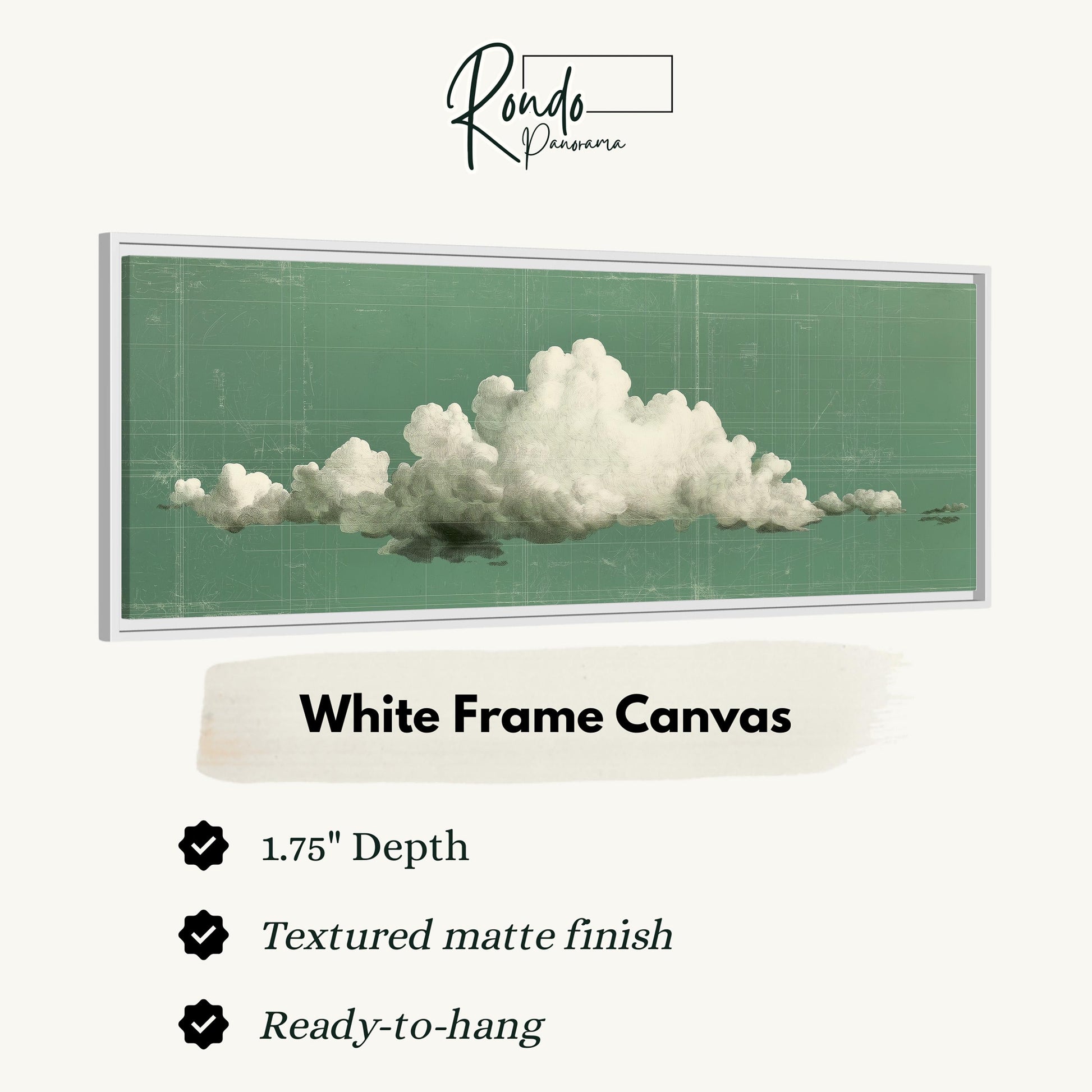 The image is a framed artwork depicting a white cloud against a green background.