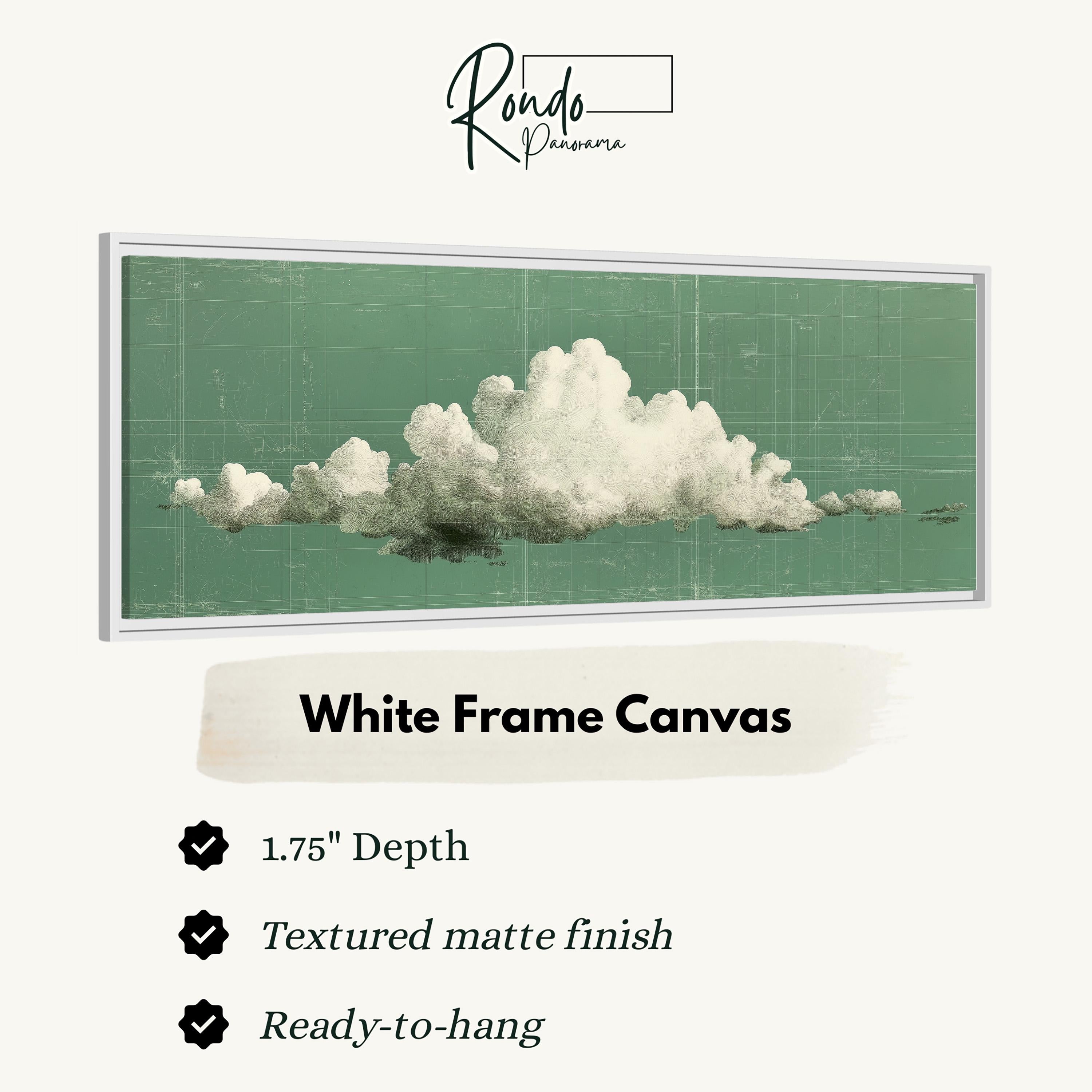 The image is a framed artwork depicting a white cloud against a green background.