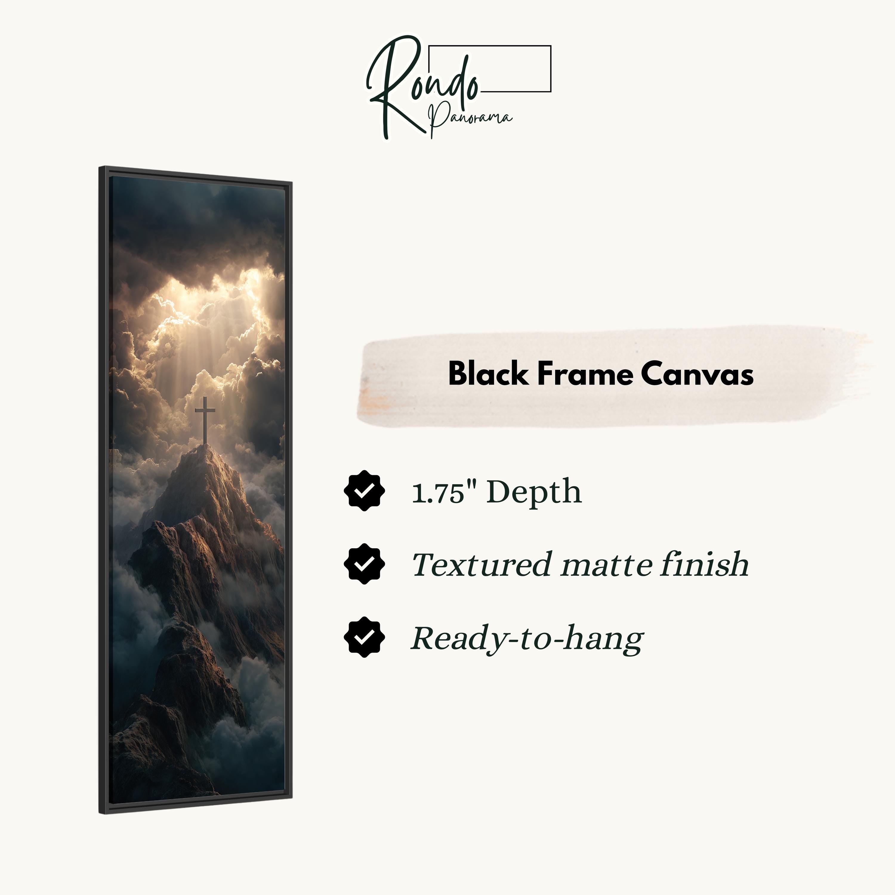 The image is a black frame canvas depicting a dramatic landscape with a cross on a mountain peak, surrounded by clouds and sunlight.