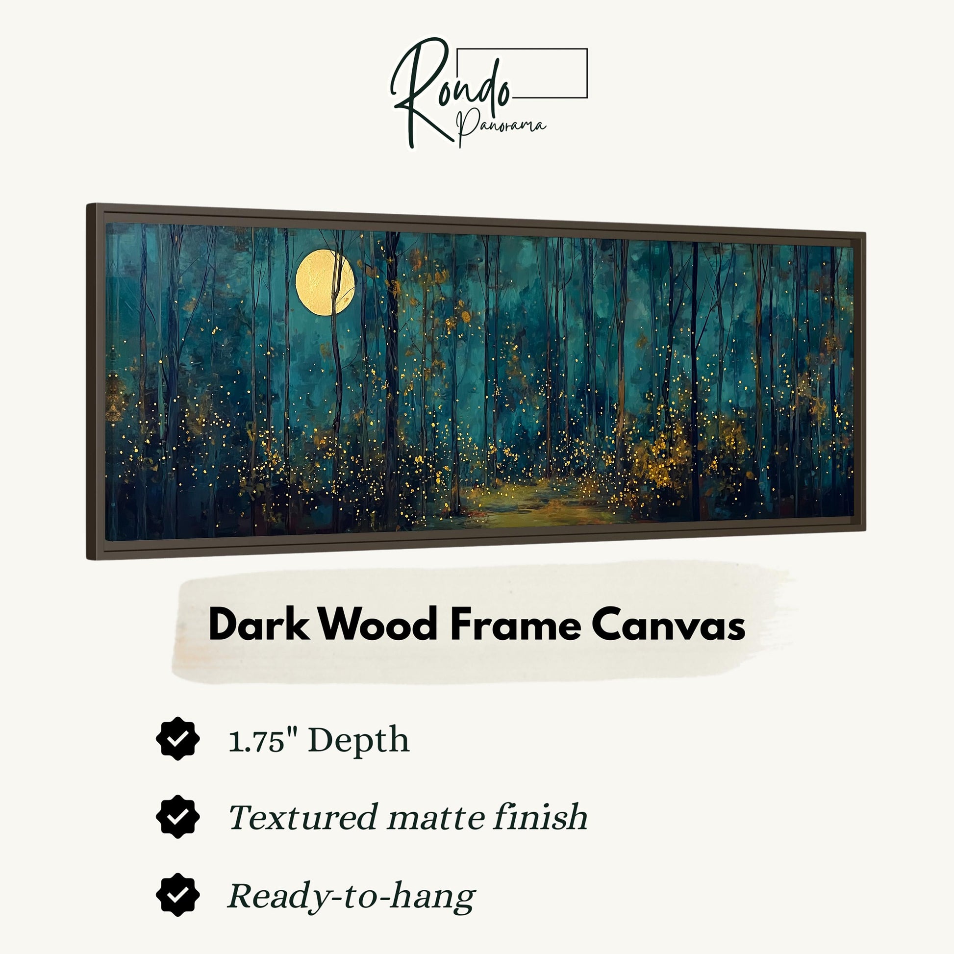 The image is a framed artwork depicting a forest scene with a full moon in the background.