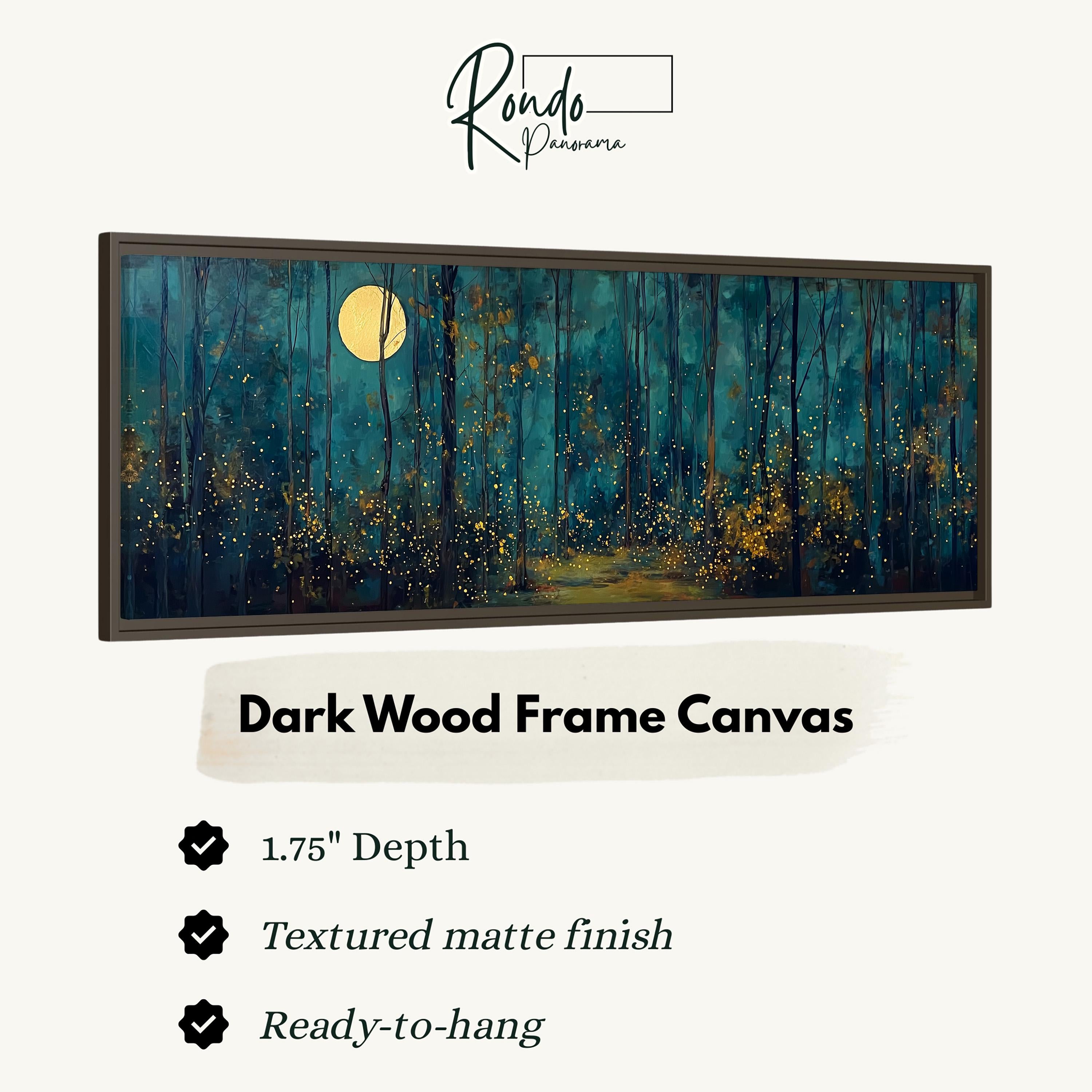 The image is a framed artwork depicting a forest scene with a full moon in the background.
