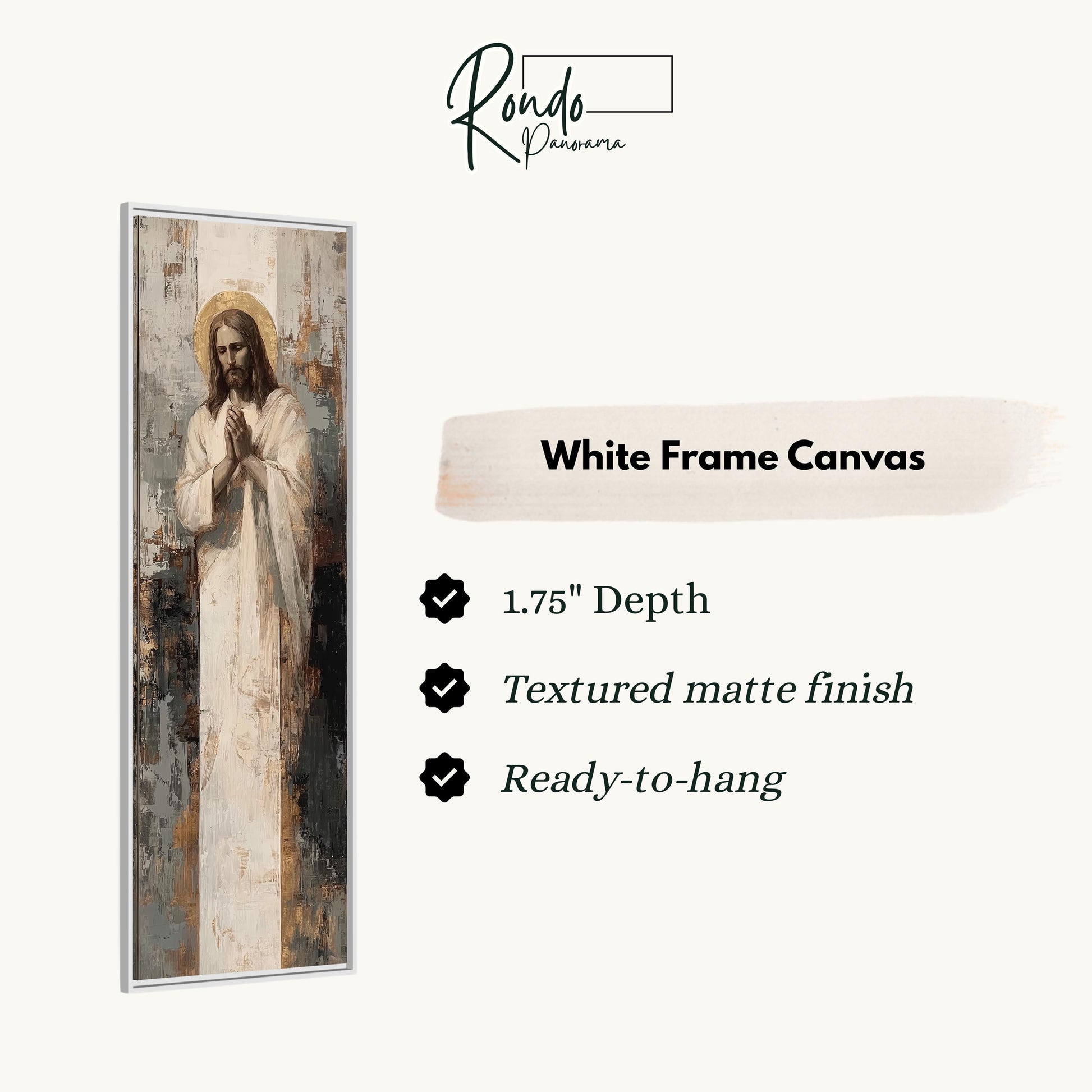 The image is a white frame canvas depicting a painting of Jesus Christ.