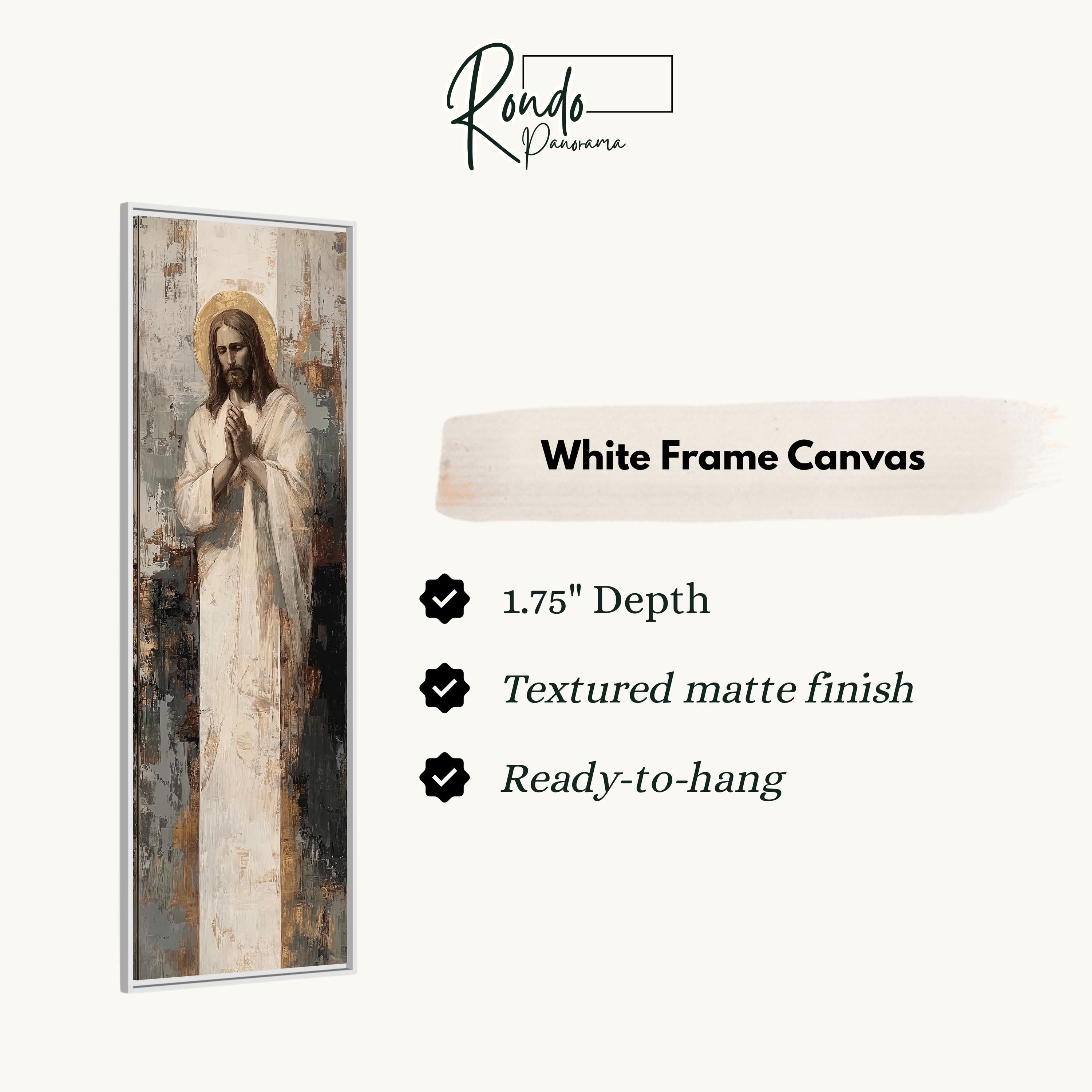 The image is a white frame canvas depicting a painting of Jesus Christ.