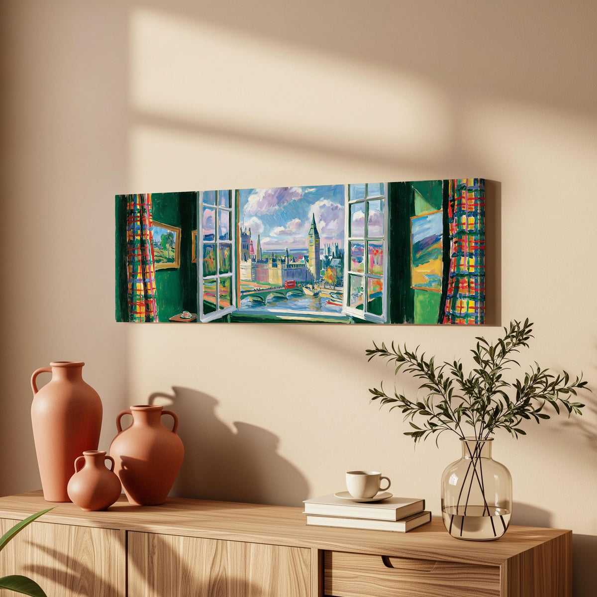 London and Big Ben through a green room window long horizontal canvas print above a wooden sideboard