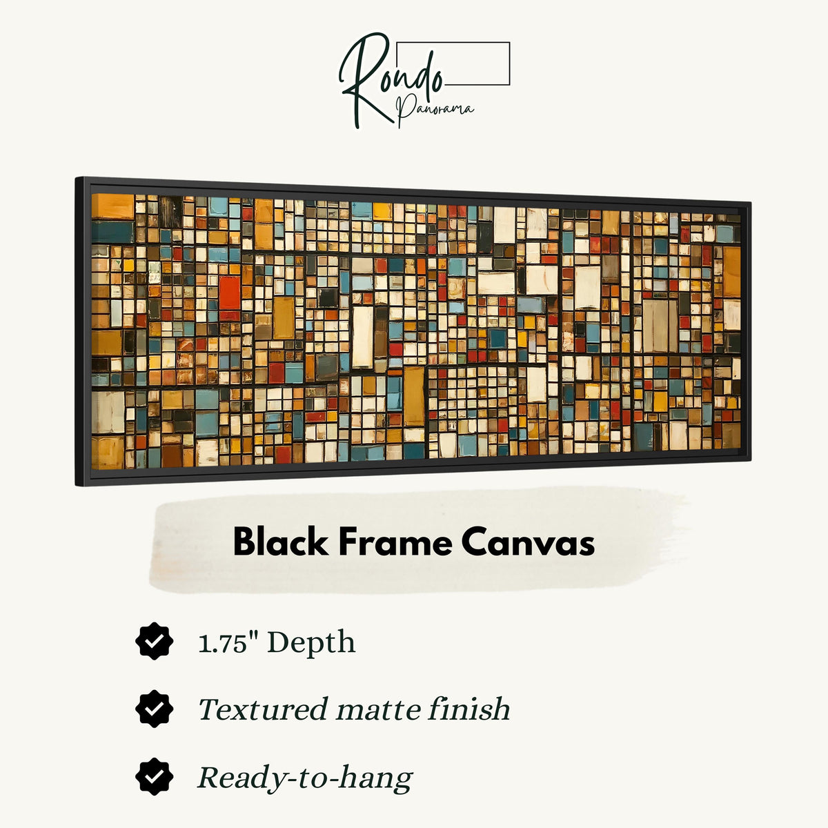 Ochre and blue mosaic tiles with red accents canvas print in a black floating frame