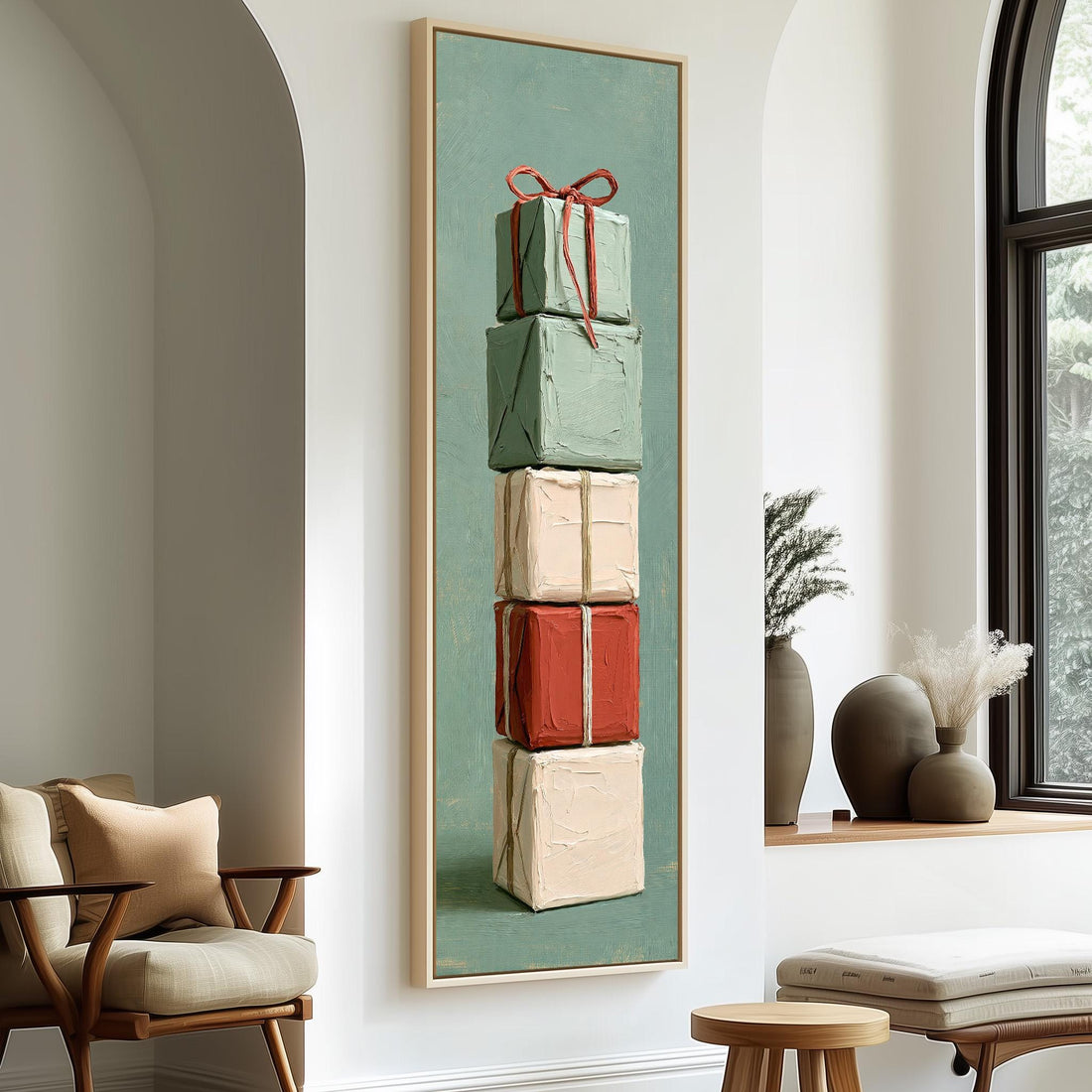 Stack of wrapped gifts with a red bow long vertical canvas print in a sunlit living space