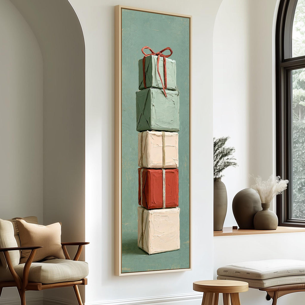 Stack of wrapped gifts with a red bow tall skinny canvas print in a sunlit living space