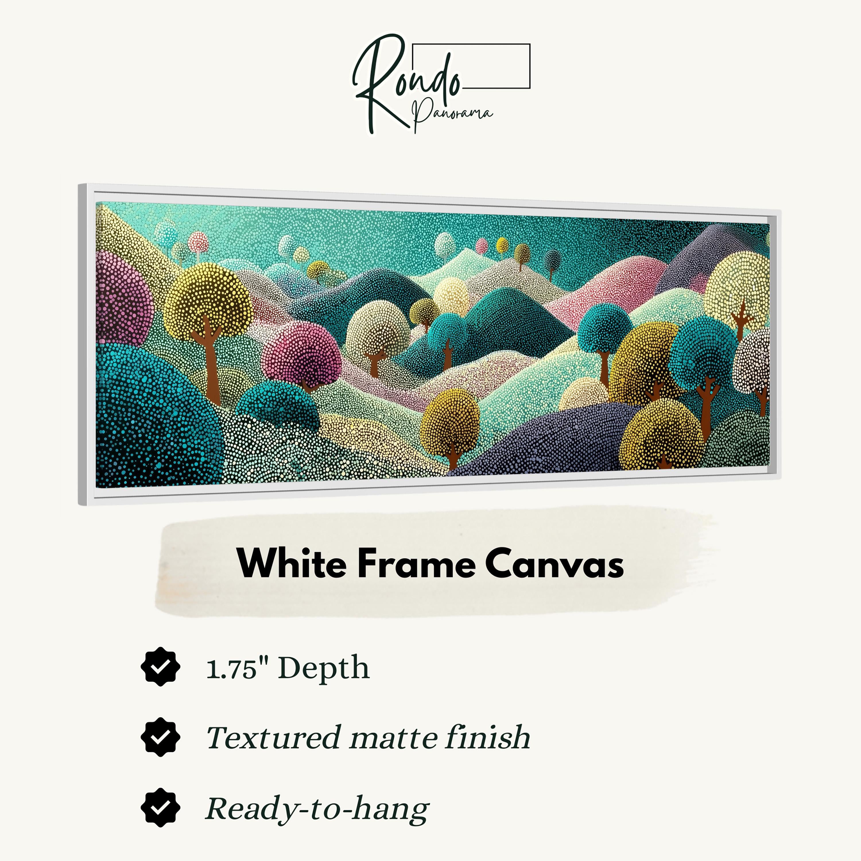 The image is a white frame canvas depicting a colorful landscape with trees and hills.