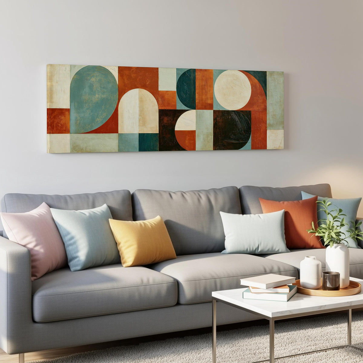 Teal and rust arch and circle shapes panoramic canvas print above a grey sofa in a living room