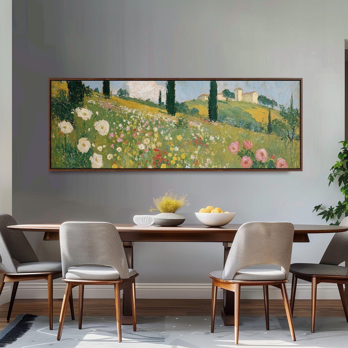Tuscan wildflower hillside with cypress trees long horizontal canvas print above a dining table