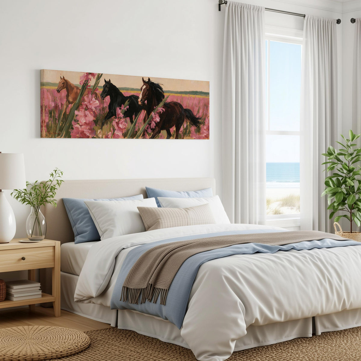 Horses running through pink gladiolus panoramic canvas print above a bed in a coastal bedroom
