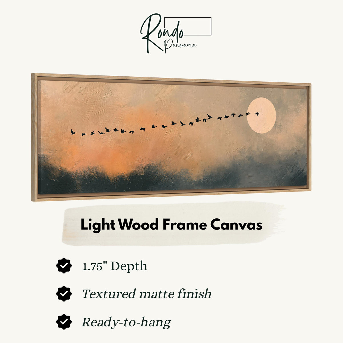 Migrating birds passing a moon at peach dusk canvas print in a light wood floating frame
