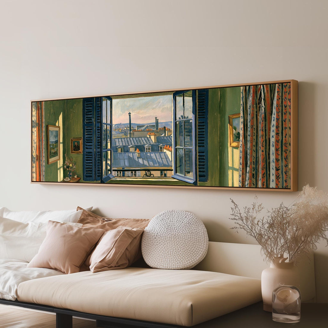 Paris zinc rooftops seen through a green room window long horizontal canvas print above a sofa in a living room