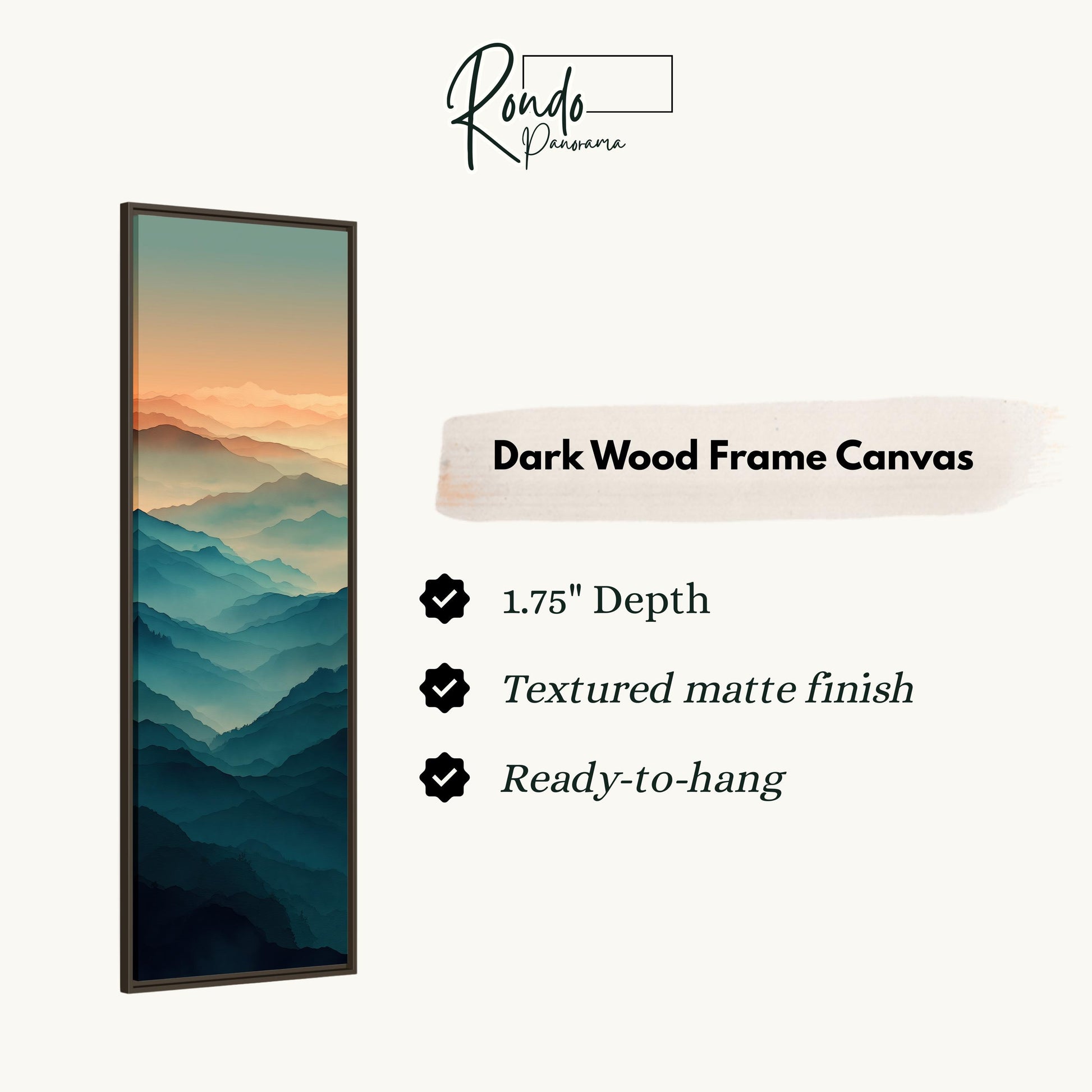 The image is a vertical text box containing information about a dark wood frame canvas.