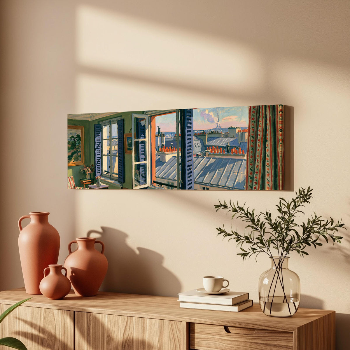 Paris chimneys and rooftops from a sunny window long horizontal canvas print above a wooden sideboard