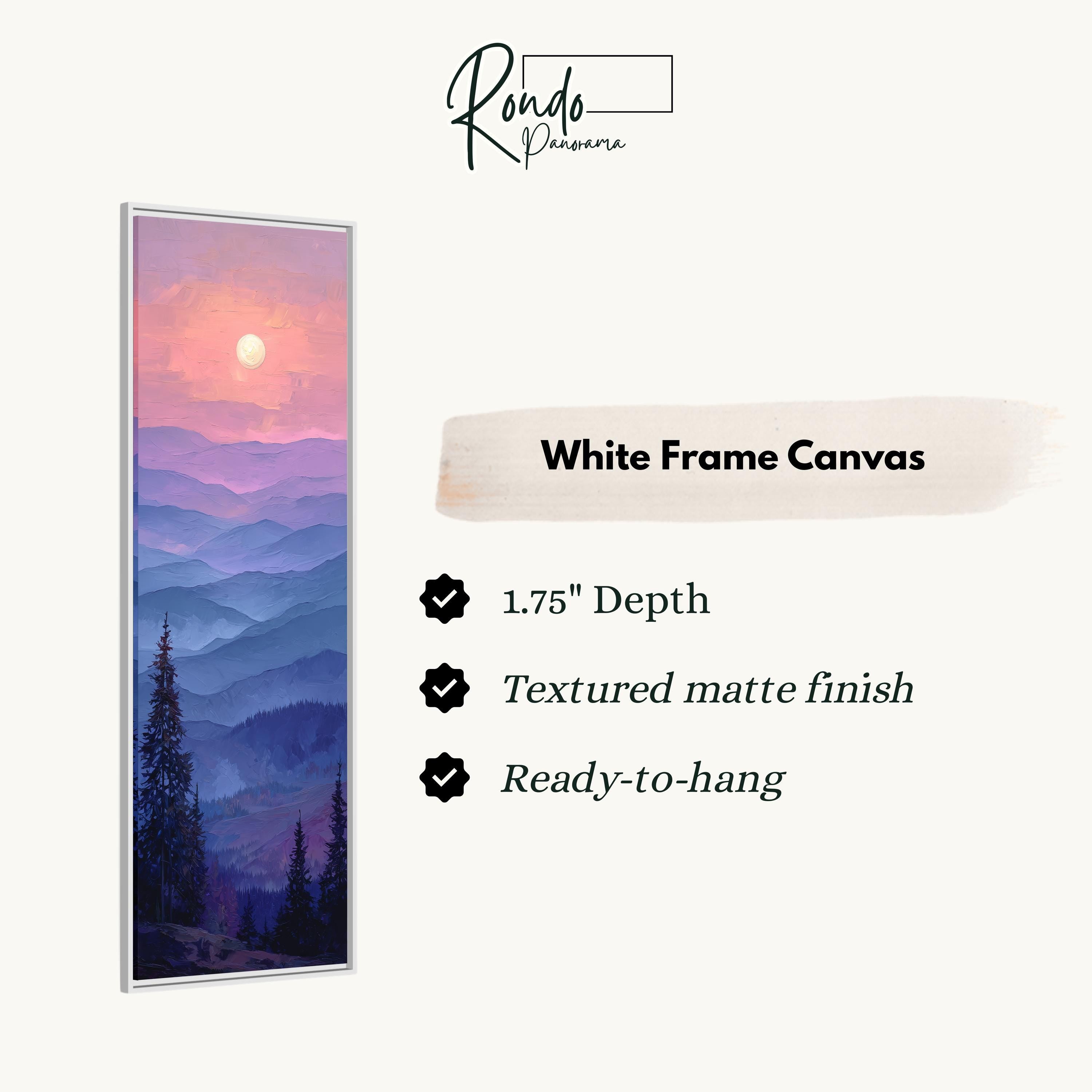 The image is a white frame canvas depicting a mountain landscape with a sunset.