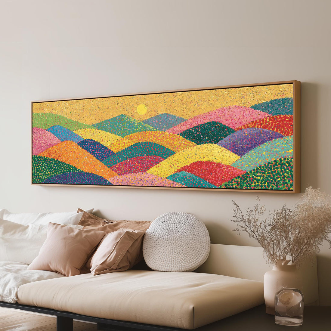 Colorful wave hills long horizontal canvas print above a sofa in a living room