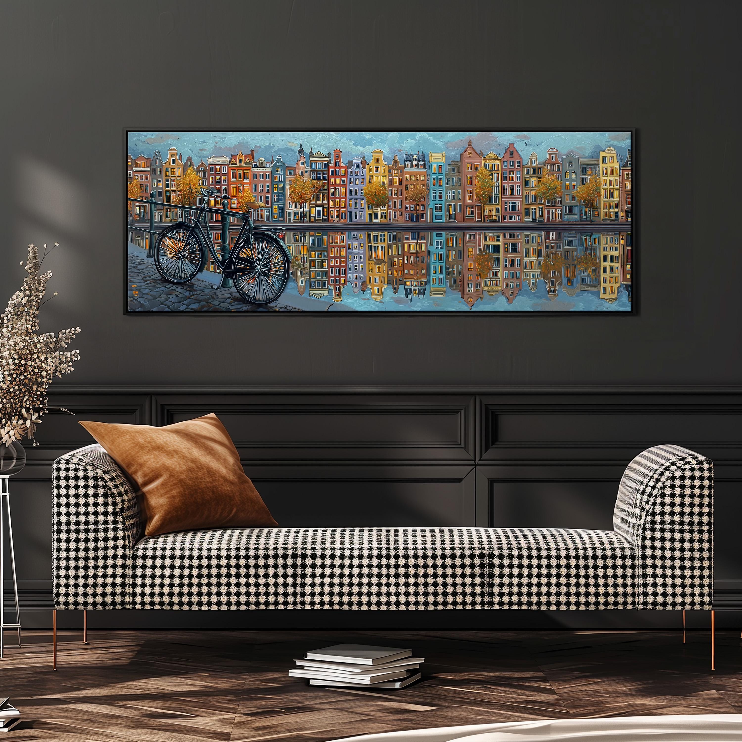 a large painting of a cityscape with a bicycle in the foreground, hanging on a wall above a black and white checkered sofa.