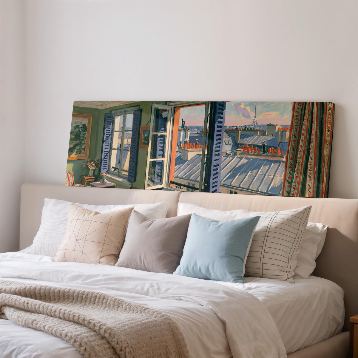 Paris chimneys and rooftops from a sunny window wide panoramic canvas print above a bed in a bedroom
