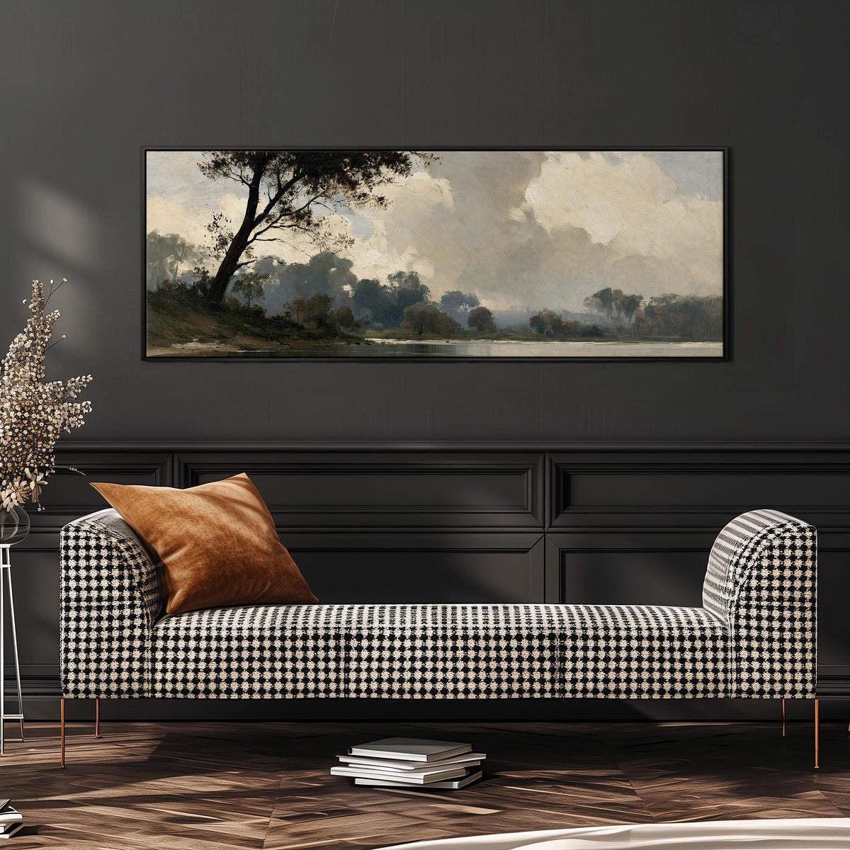 Misty river landscape in grey blue tones wide panoramic canvas print above a bench in a dark living room