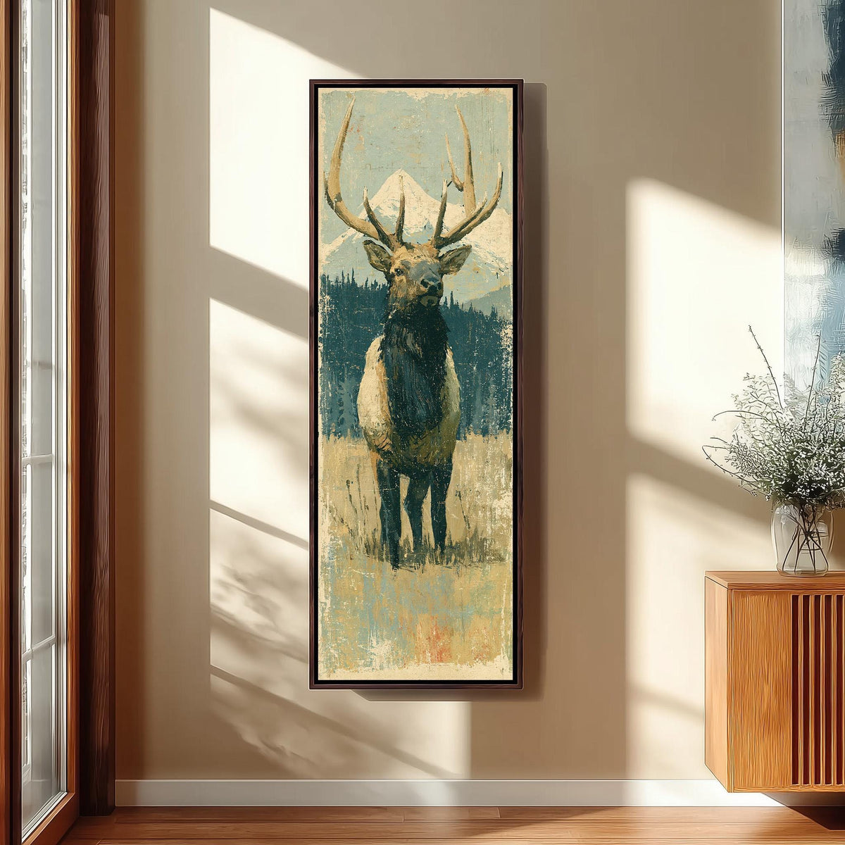 Rustic elk standing in an alpine meadow tall skinny canvas print in a sunlit living space