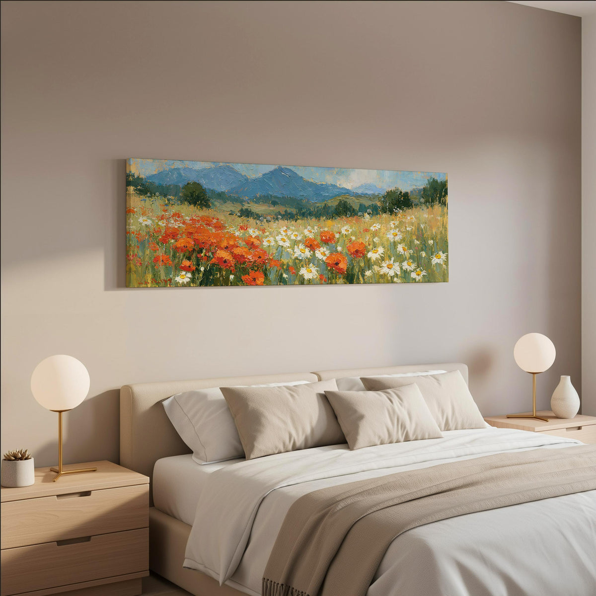 Alpine poppy and daisy meadow wide panoramic canvas print above a bed in a neutral bedroom