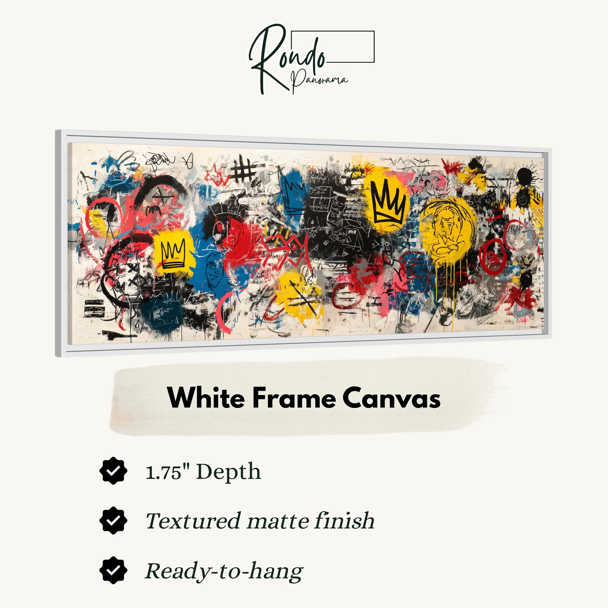 The image is a white frame canvas with a colorful, graffiti-style background featuring various shapes, symbols, and splatters in different colors.