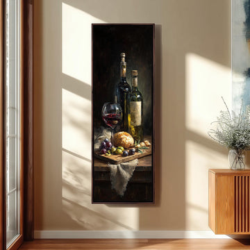 a still life painting of a table with various food items and wine bottles, including a glass of red wine, a loaf of bread, and some grapes.