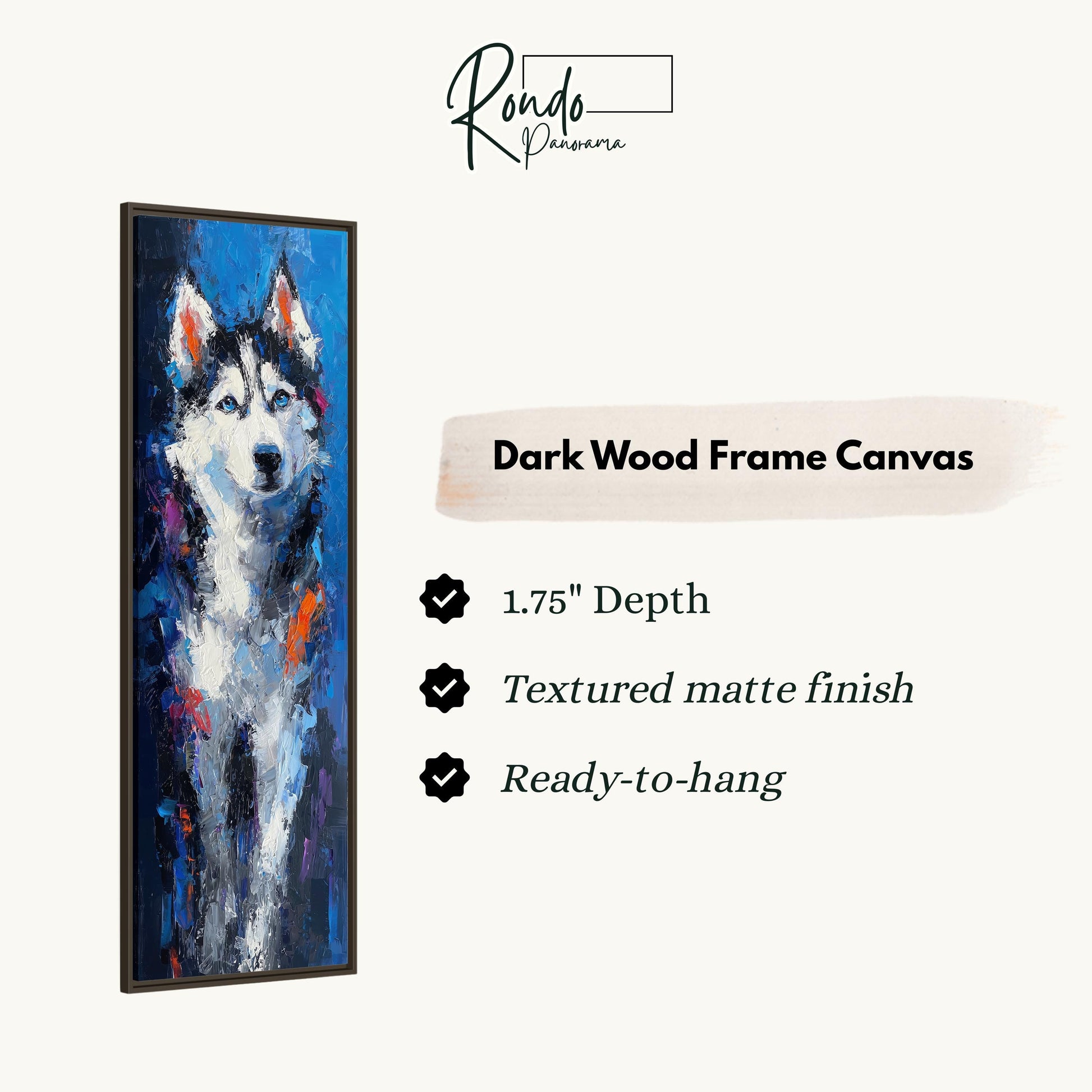 The image is a dark wood frame canvas featuring a painting of a husky dog.