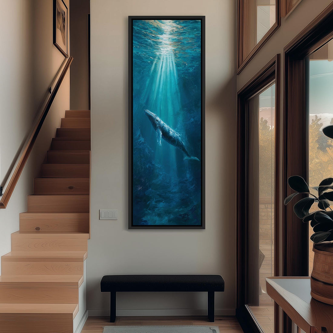 a large painting of a whale swimming in the ocean, hanging on the wall above a bench in a hallway.