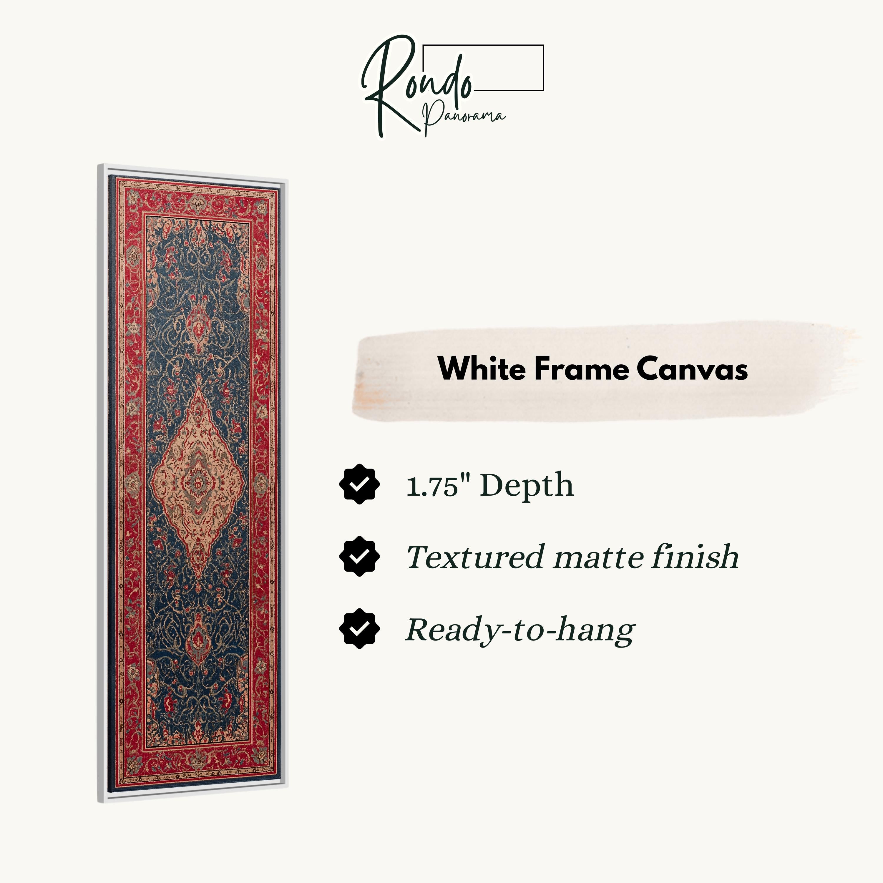 a white frame canvas with a red and blue patterned rug hanging on the wall.