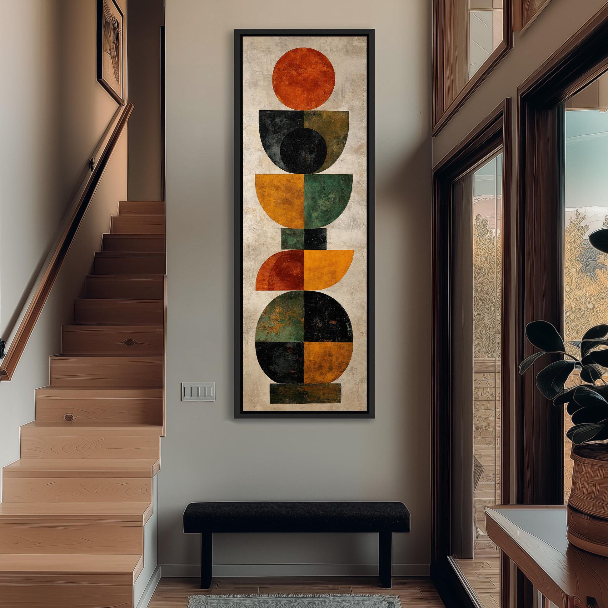 a modern art piece hanging on the wall, which is a large abstract painting with various geometric shapes and colors. The painting is positioned above a wooden bench, creating a visually appealing focal point in the room.
