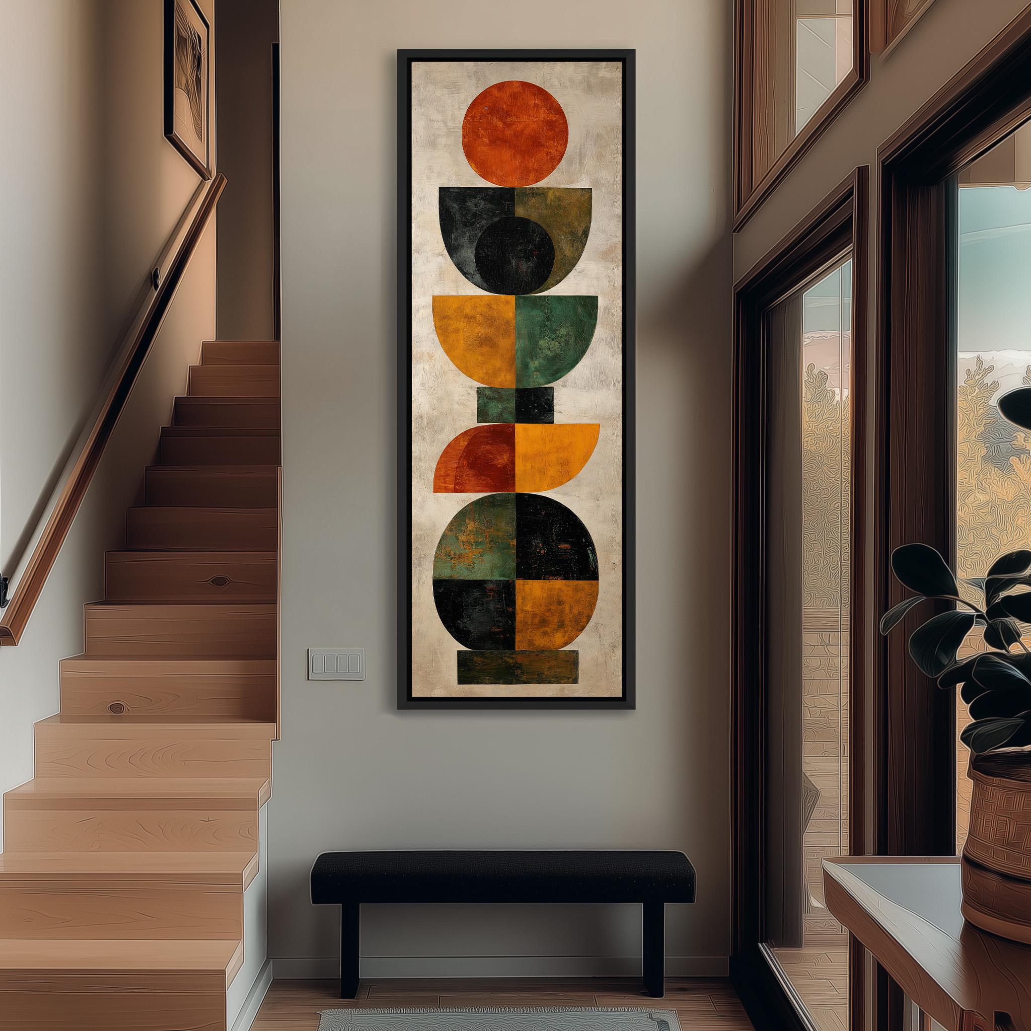 a modern art piece hanging on the wall, which is a large abstract painting with various geometric shapes and colors. The painting is positioned above a wooden bench, creating a visually appealing focal point in the room.