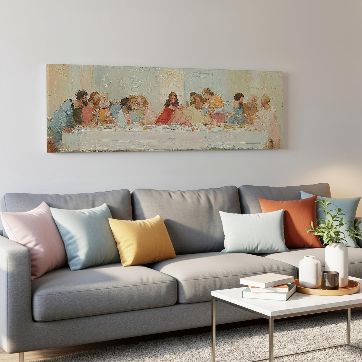 The Last Supper in a classic style panoramic canvas print above a grey sofa in a living room