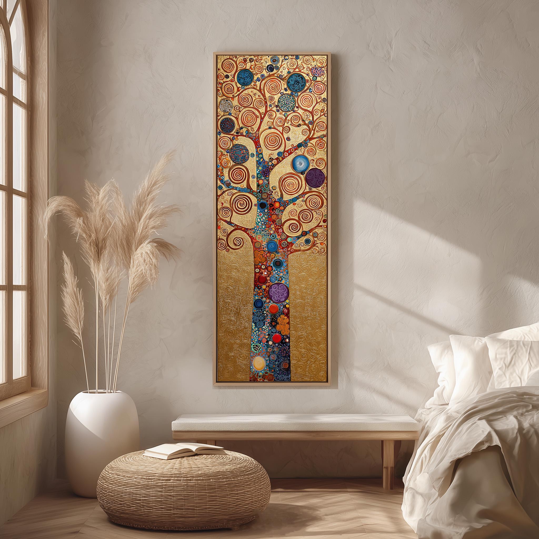 a large, colorful abstract painting of a tree hanging on a wall in a minimalist bedroom setting.