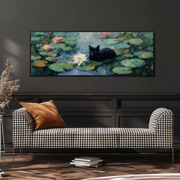 a black cat sitting on a lily pad in a pond, surrounded by lily pads and flowers.