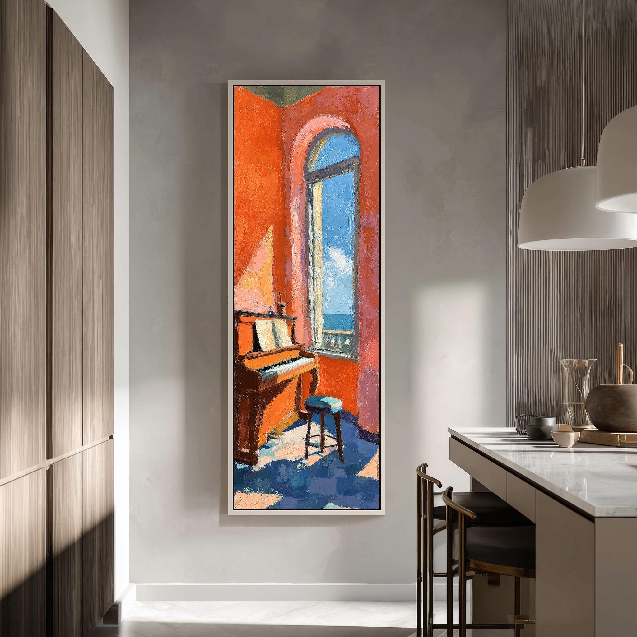 a large, colorful painting of a piano and a window in a room, hanging on a wall.