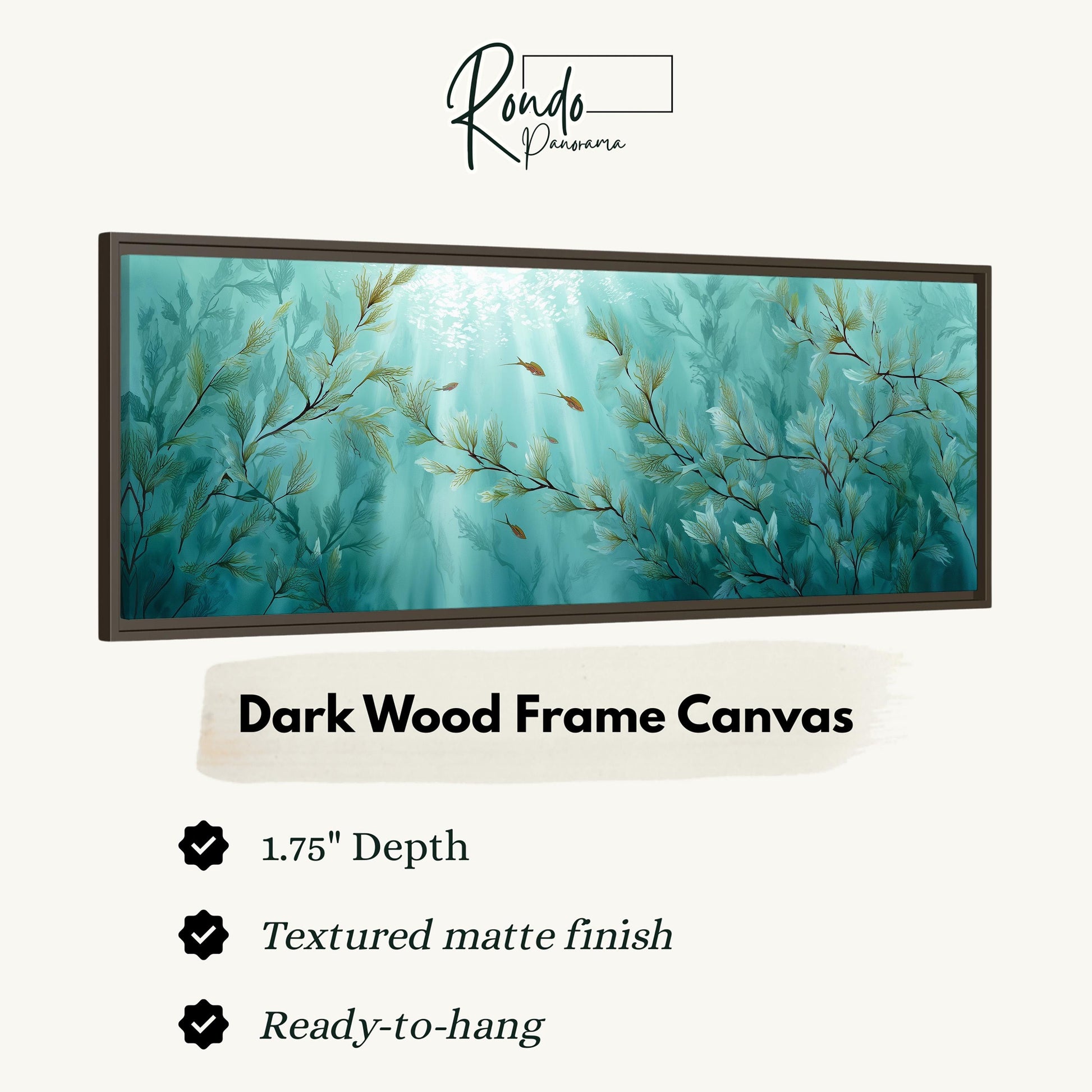 The image is a framed canvas depicting a serene underwater scene with green foliage and a teal-colored background.