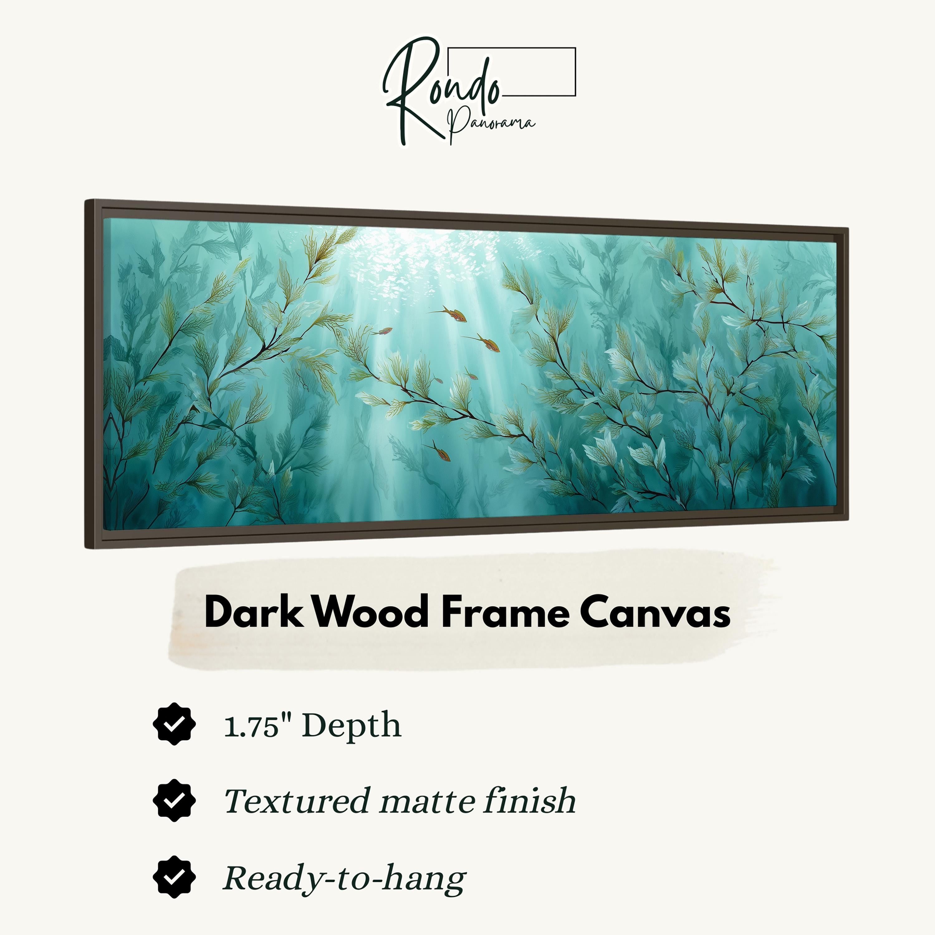 The image is a framed canvas depicting a serene underwater scene with green foliage and a teal-colored background.