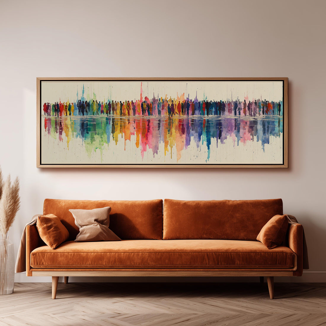 a large, colorful painting of a group of people on a wall above a brown sofa in a living room setting.