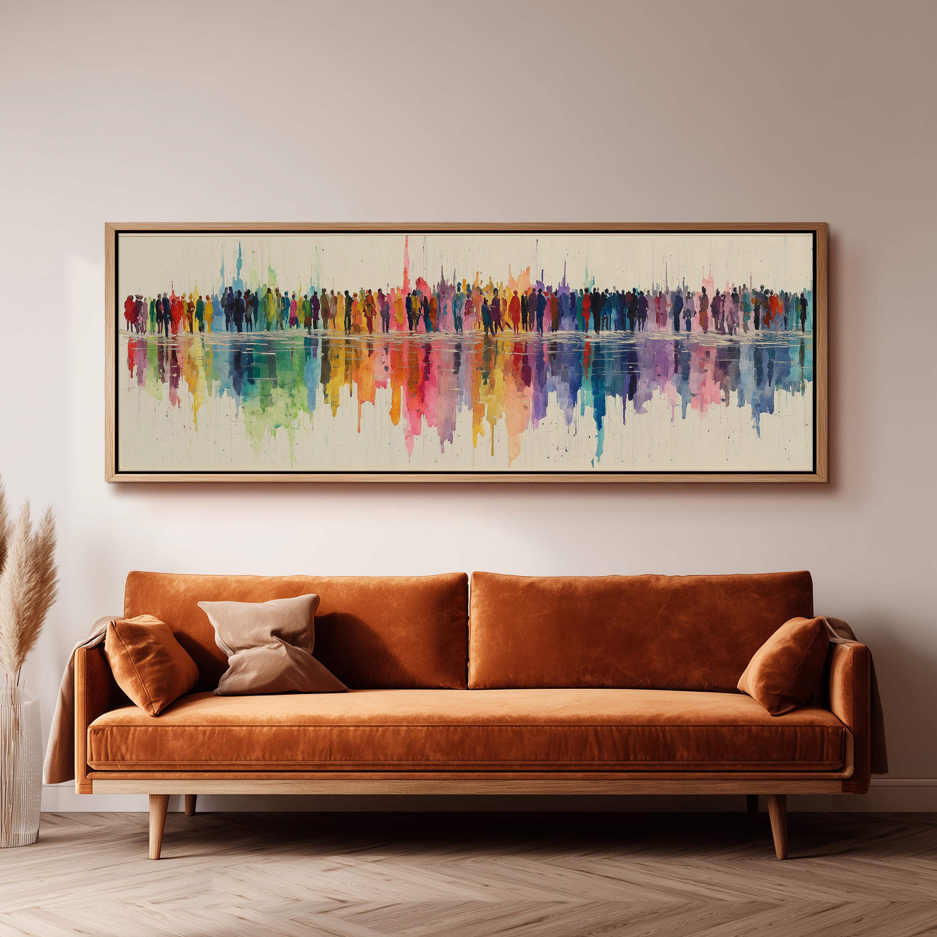 a large, colorful painting of a group of people on a wall above a brown sofa in a living room setting.