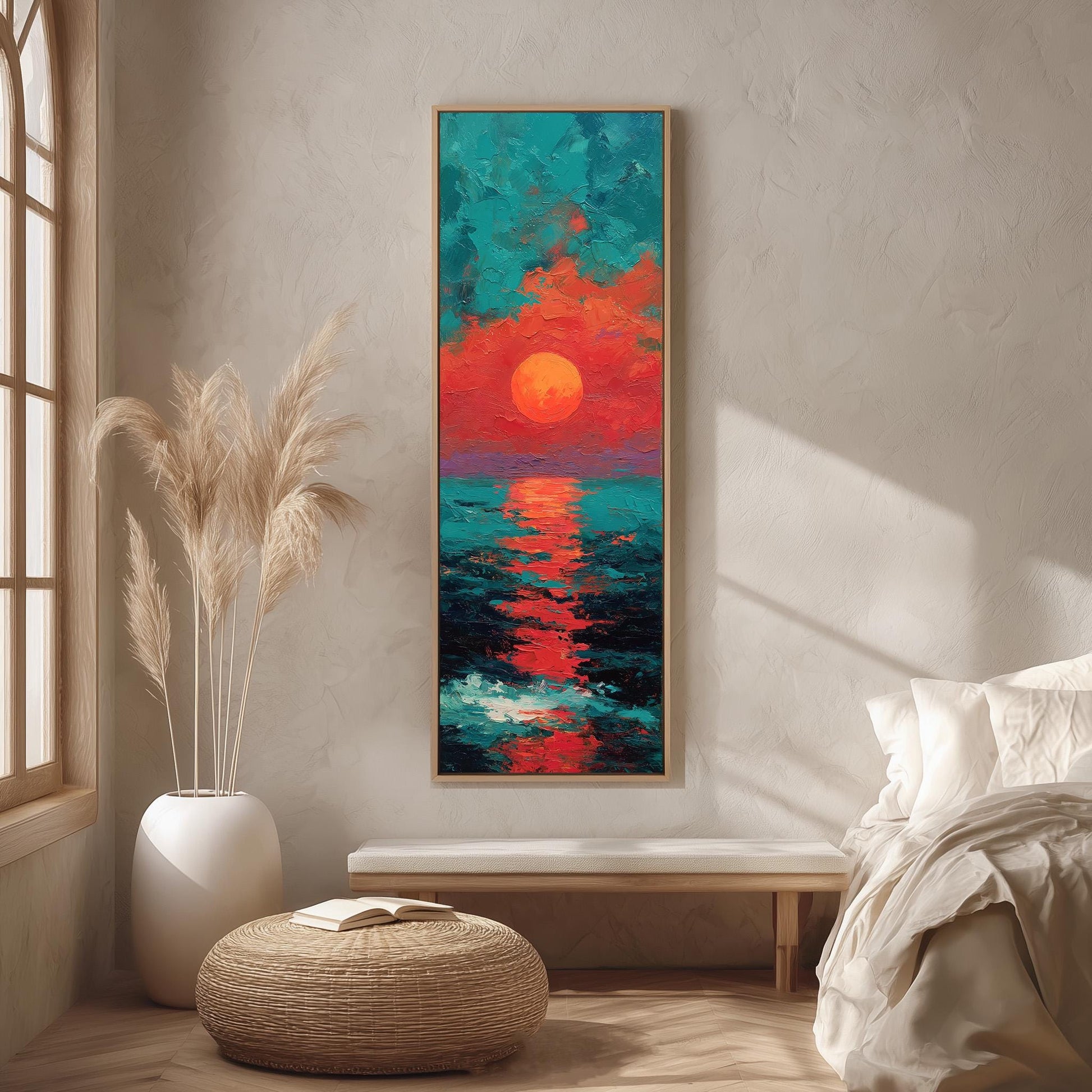 a large, colorful painting of a sunset over the ocean, hanging on a wall in a room with a bed, a potted plant, and a woven ottoman.